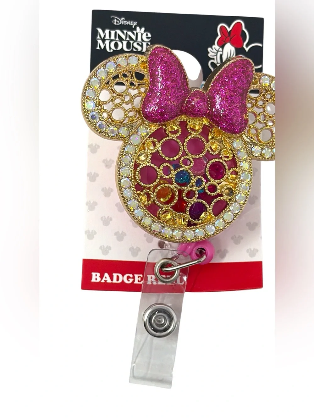 Disney Minnie Mouse Gold w/pink sparkly bow filled w/colorful beads Badge Reel